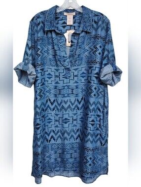 Philosophy Blue Aztec Print Tencel Lyocell Shirt Dress Roll Tab Sleeves Sz Large